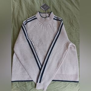 Garnet Hill cashmere boxy mockneck cream sweater with navy stripe detail XS